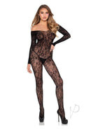 Leg Avenue Lace Lingerie Jumpsuit OS Black on a model, showcasing a sleek, form-fitting lace design.