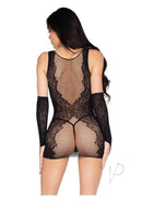 Leg Avenue Wild Rose Mini Dress & Matching Gloves OS Black worn by model showcasing floral lace and fishnet details.