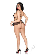 Model showcasing the Leg Avenue Scalloped Lace Babydoll & Crotchless Panty Large from the back, highlighting lace design and silhouette.