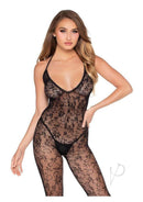 Leg Avenue Scalloped Crotchless Lace Lingerie Jumpsuit OS Black worn by model in lace design, highlighting its modern styling and flattering fit.
