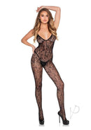 Leg Avenue Scalloped Crotchless Lace Lingerie Jumpsuit OS Black shown on a model, highlighting delicate lace detailing and sleek design.