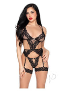 Leg Avenue Cami Garter & Matching G-String Panty Large displayed on a model showcasing black lace detailing.