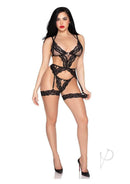 Leg Avenue Cami Garter & Matching G-String Panty Small displayed on a model in elegant black lace lingerie.