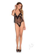 Leg Avenue Lace Trimmed Sheer Babydoll & Lace Panty Small model wearing a black sheer babydoll and matching lace panty.