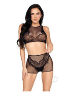 Leg Avenue Lace Crop Top & Matching Boy Shorts OS Black, featuring lace detailing and a breathable design.