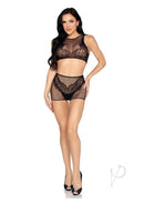 Leg Avenue Lace Crop Top & Matching Boy Shorts OS Black worn by a model, showcasing stylish lace detailing and comfort.