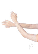Leg Avenue Rhinestone Fishnet Opera Length Gloves OS White worn elegantly against a light background.