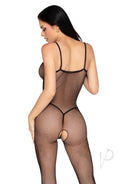 Leg Avenue Scalloped Trimmed Crotchless Fishnet Jumpsuit showcasing a sexy back view with a form-fitting design.