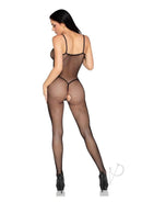 Leg Avenue Scalloped Trimmed Crotchless Fishnet Jumpsuit showcasing a form-fitting silhouette with scalloped trim.