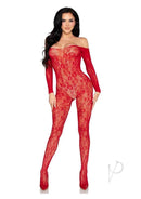 Leg Avenue Lace Lingerie Jumpsuit OS Red on a model showcasing its form-fitting lace design and off-shoulder neckline.