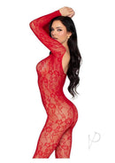 Leg Avenue Lace Lingerie Jumpsuit OS Red worn by a model, showcasing its form-fitting, elegant lace design.