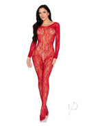 Leg Avenue Lace Lingerie Jumpsuit OS Red on model, featuring lace design and form-fitting silhouette in bold red.