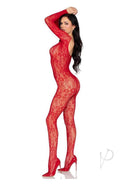 Leg Avenue Lace Lingerie Jumpsuit OS Red worn by a model, showcasing its elegant lace design and form-fitting silhouette.