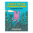 A Visit To The Cannabis Farm Coloring Book cover featuring a playful character in a cannabis field.
