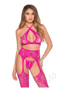 Leg Avenue Lace Bra Top Crotchless Panty & Garter Stockings Magenta featuring a bold pink design.