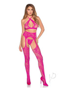 Leg Avenue Lace Bra Top Crotchless Panty & Garter Stockings Magenta worn by a model showcasing a striking lingerie set.