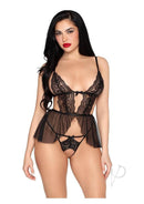Leg Avenue Scalloped Lace Babydoll & Crotchless Panty Small worn by a model, showcasing lace detailing and sheer fabric.