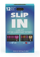 Kama Sutra Slip In Sex-To-Go-Kit packaging featuring 12 pieces of silky water-based lubricants for travel-friendly intimacy.