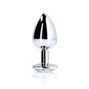 Ouch Round Gem Butt Plug Large Silver Diamond with a sleek, smooth metal body and jewel-encrusted base.