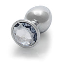 Ouch Round Gem Butt Plug Large Silver Diamond featuring a sleek metal body and jewel-encrusted base.