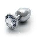 Ouch Round Gem Butt Plug Large Silver Diamond with sleek metal body and jewel-encrusted base, reflecting light.