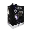 Ouch Heart Gem Butt Plug Large Gunmetal Amethyst packaging featuring jewel-encrusted heart base.
