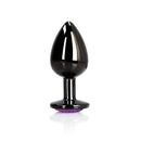 Ouch Heart Gem Butt Plug Large Gunmetal Amethyst with a sleek shiny aluminum design and jewel-encrusted heart base.