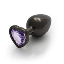 Ouch Heart Gem Butt Plug Large Gunmetal Amethyst with a jewel-encrusted heart base and sleek aluminum body