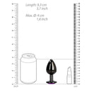 Ouch Heart Gem Butt Plug Large Gunmetal Amethyst size comparison with measurements and objects for scale.