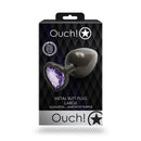 Ouch Heart Gem Butt Plug Large Gunmetal Amethyst in packaging with jewel-encrusted heart design.