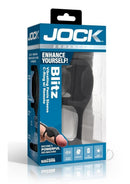 Jock Blitz Remote Vibrating Penis Sleeve Cock Ring Black in packaging highlighting features and design.