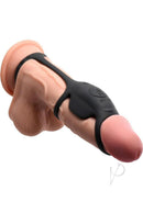 Jock Blitz Remote Vibrating Penis Sleeve Cock Ring Black features stretchy silicone and a remote for hands-free control.