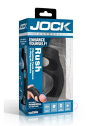 Jock Rush Vibrating Penis Sleeve Cock Ring with Remote Black packaging showcasing features and design.