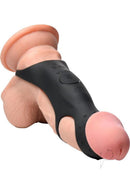Jock Rush Vibrating Penis Sleeve Cock Ring with Remote Black showcasing dual ring design and textured vibrating head.