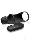 Jock Rush Vibrating Penis Sleeve Cock Ring with Remote Black, featuring textured vibrating head and dual ring structure.