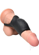 Jock Surge Remote Vibrating Penis Sleeve Cock Ring Black on a shaft, showcasing its snug fit and remote control features.