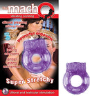 The Macho Vibrating Cock Ring Purple in packaging, showcasing its super stretchy silicone and stimulating design.