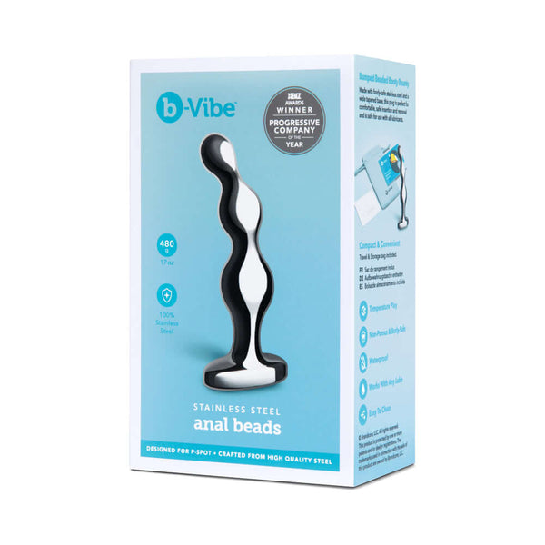 b-Vibe Stainless Steel Anal Beads packaging showcasing sleek design and high-quality stainless steel construction.