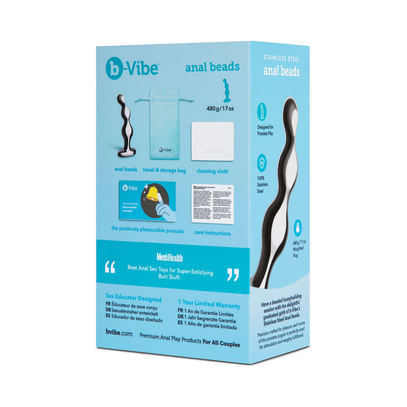 Packaging for b-Vibe Stainless Steel Anal Beads with care instructions and cleaning details.