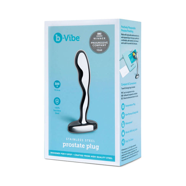 b-Vibe Stainless Steel Prostate Plug packaging with product features and details.
