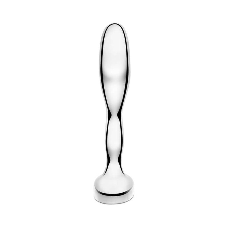 b-Vibe Stainless Steel Prostate Plug showcasing its sleek, curved design and shiny finish for intense pleasure.