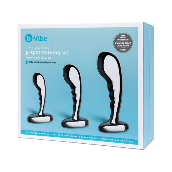 b Vibe Stainless Steel P Spot Plug Training Set three-piece anal training kit box with curved plugs