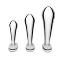 b Vibe Stainless Steel P Spot Plug Training Set showcasing three sizes of premium anal training plugs.