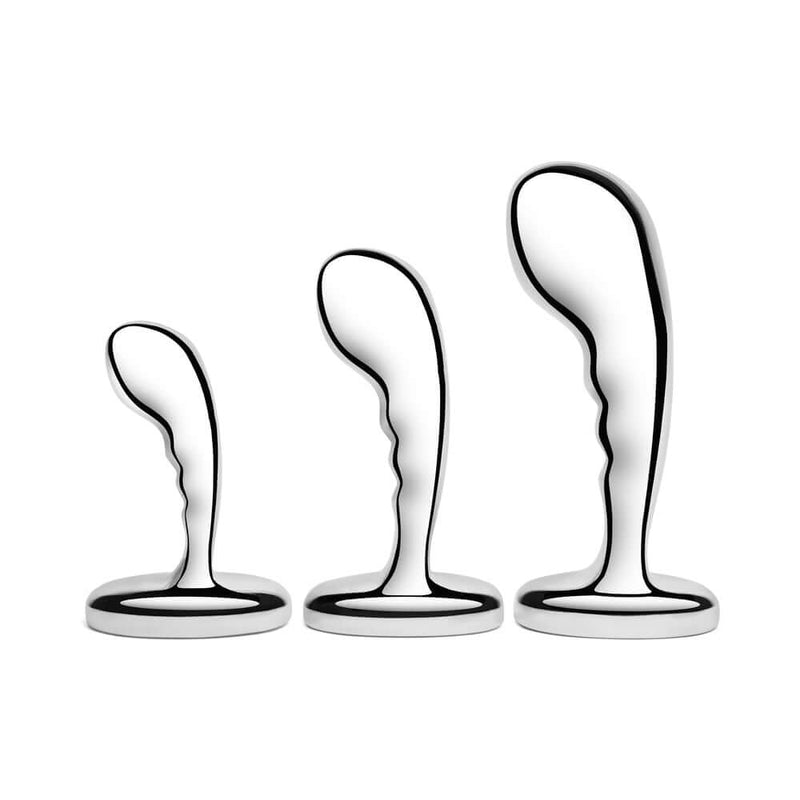 b Vibe Stainless Steel P Spot Plug Training Set displaying three contoured anal plugs for precision prostate play.