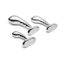 b Vibe Stainless Steel P Spot Plug Training Set displayed, showcasing three smooth, contoured anal training plugs.