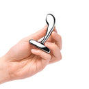 b Vibe Stainless Steel P Spot Plug Training Set held in hand showcasing its design for precise prostate play.