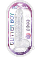 Cotton Candy Glitter Boy 6.5 Inch Silicone Dildo Clear in packaging with glittery silicone features.