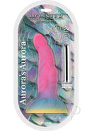 Monster Romance Aurora Vibrating Silicone Dildo Multicolor in vibrant packaging with removable bullet vibe.