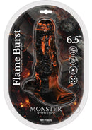 Monster Romance Flame Burst Silicone Penis Sleeve packaging featuring textured design in black and orange.