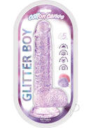 Cotton Candy Glitter Boy Silicone Dildo 6.5 Inch Purple in packaging with glittery design and suction base.